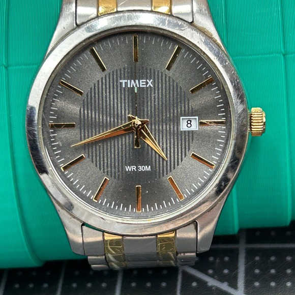 Timex Two Tone Stainless Steel Watch Grey Dial Date Y4